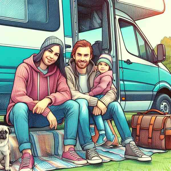 A young couple sat under the awning of their motorhome, looking forward to more stress-free adventures.