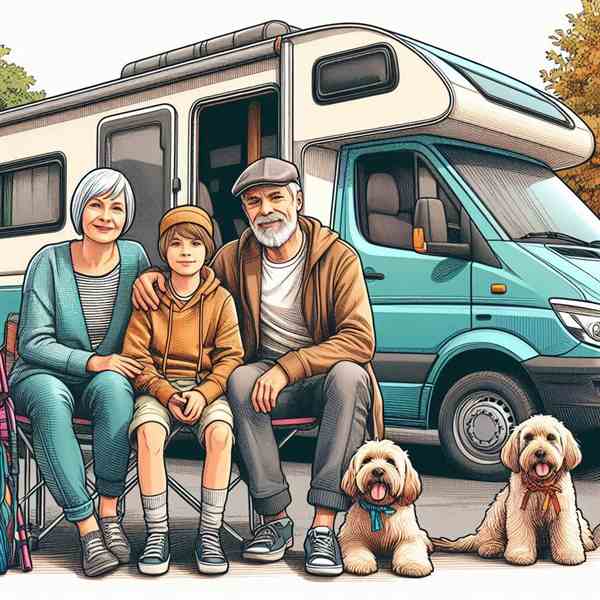 A couple sat side by side on reclining chairs outside their motorhome, discussing how much their insurance has helped.