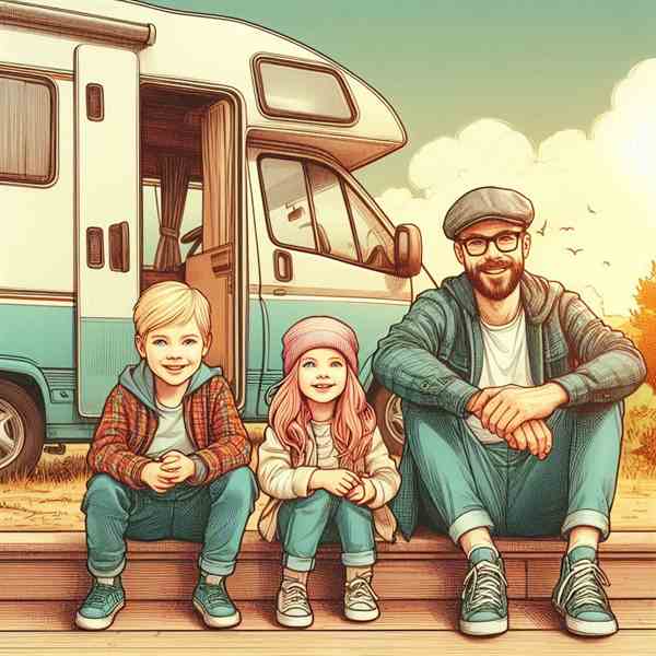 A family sat outside their motorhome at dusk, feeling thankful for the safety net of their insurance.