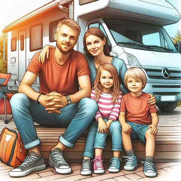 A couple sat side by side on camping chairs outside their motorhome, happy to have full insurance cover.