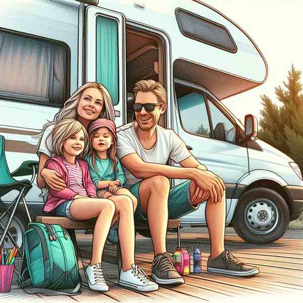 Parents and grandparents sat together outside their motorhome, chatting about the benefits of their insurance policy.