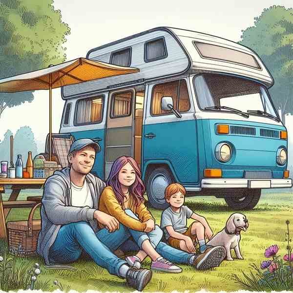 A family sat on reclining chairs outside their motorhome, enjoying the peace of a well-protected holiday.