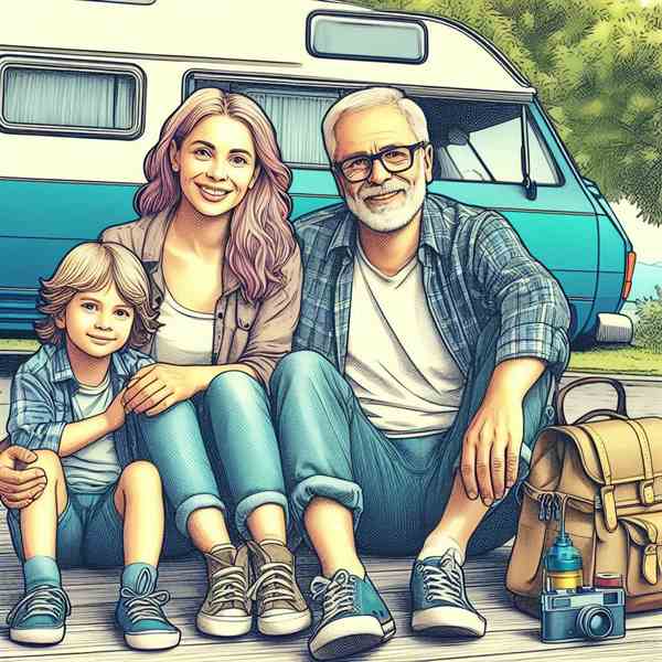 A couple sat side by side outside their motorhome, enjoying a relaxing morning with peace of mind.