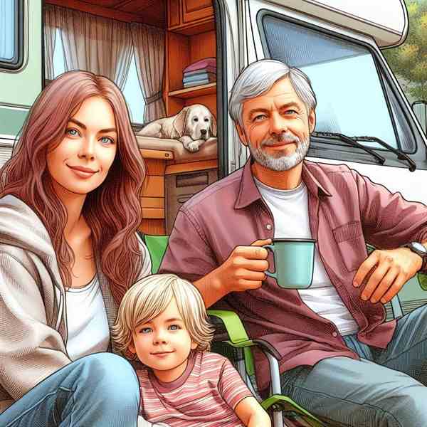A couple sat outside their motorhome at dusk, appreciating the security of their insurance.
