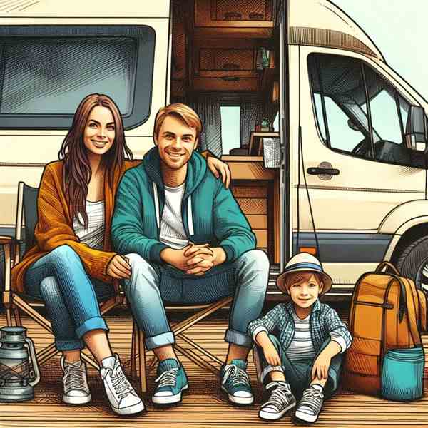 A group of friends sat on benches outside their motorhome, happy to be covered for any eventuality.