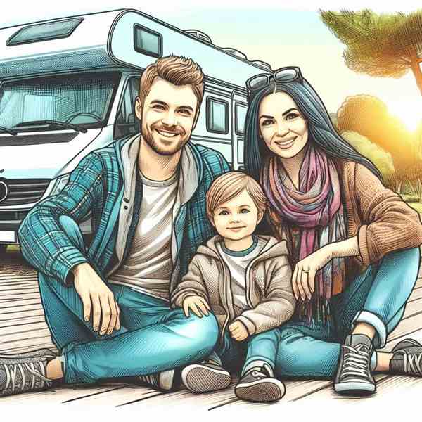 A father and daughter sat on a rug outside their motorhome, discussing the importance of insurance.