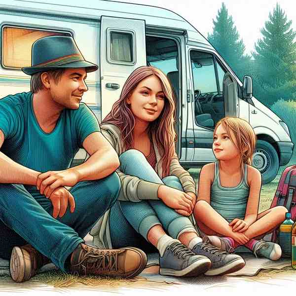 A mother sat with her two kids outside their motorhome, smiling about their great insurance choice.