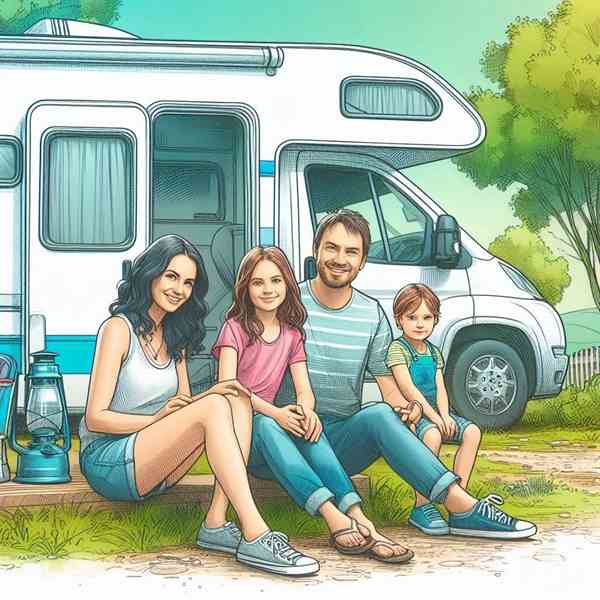 A group of friends sat around a fire pit outside their motorhome, knowing they are well insured.