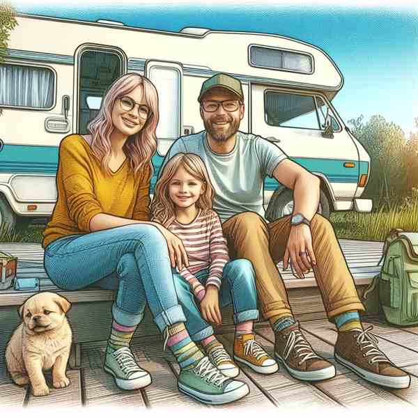 A mother and father sat with their young children outside their motorhome, knowing they are fully covered.