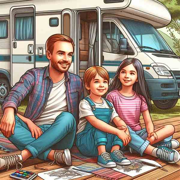 A group of campers sat in a circle outside their motorhome, discussing how their insurance covers them wherever they go.