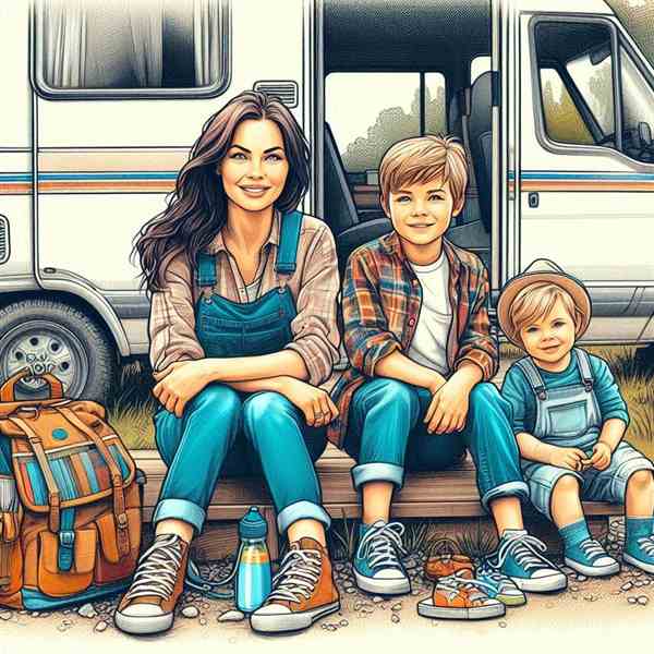 A couple sat outside their motorhome with their dog, appreciating their worry-free journey.