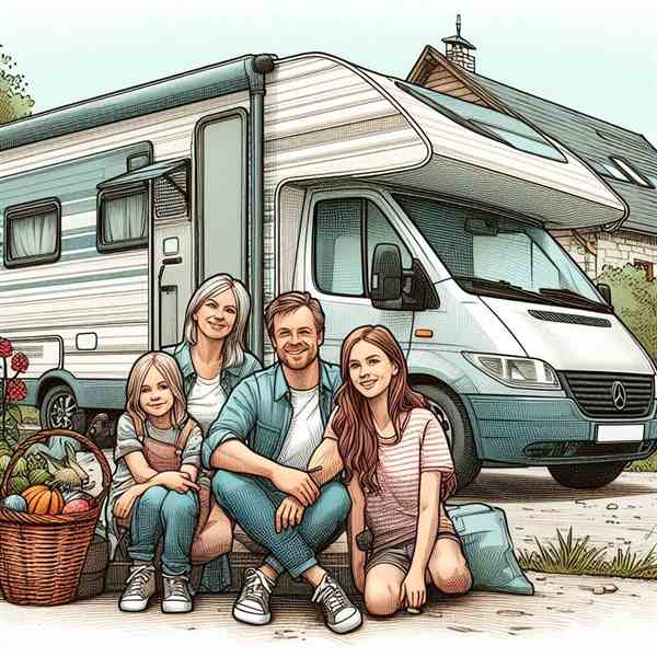 A family sat at a camping table outside their motorhome, feeling completely at ease with their comprehensive insurance.