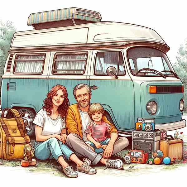 A young couple sat under the awning of their motorhome, looking forward to more stress-free adventures.