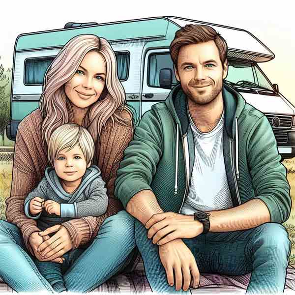 A group of friends sat around a small table outside their motorhome, feeling reassured by their insurance cover.