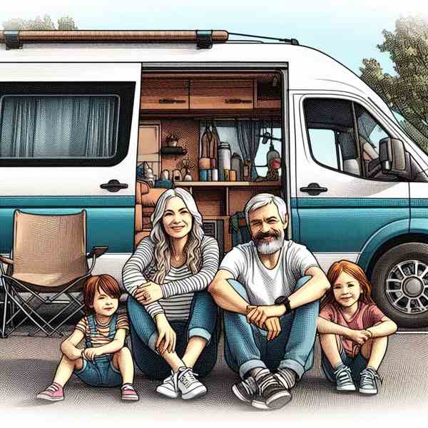 A couple sat on camping chairs outside their motorhome, watching the sunset and appreciating their insurance plan.