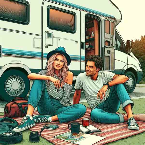 A group of campers sat outside their motorhome, discussing how much easier travel is with the right insurance.